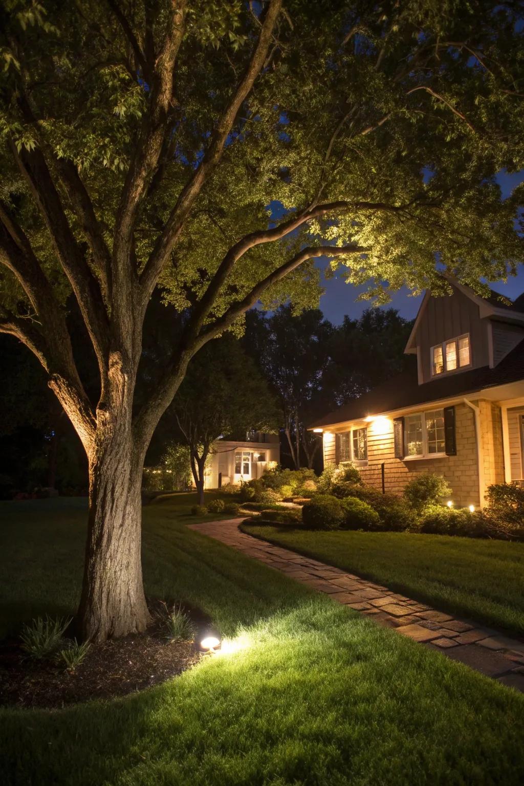 Landscape illumination highlights the tree and adds ambiance to your yard.
