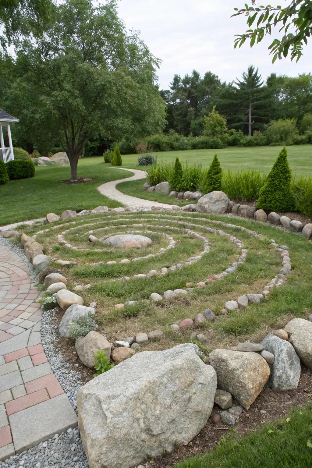 A stone maze offering a whimsical and meditative element in a garden.