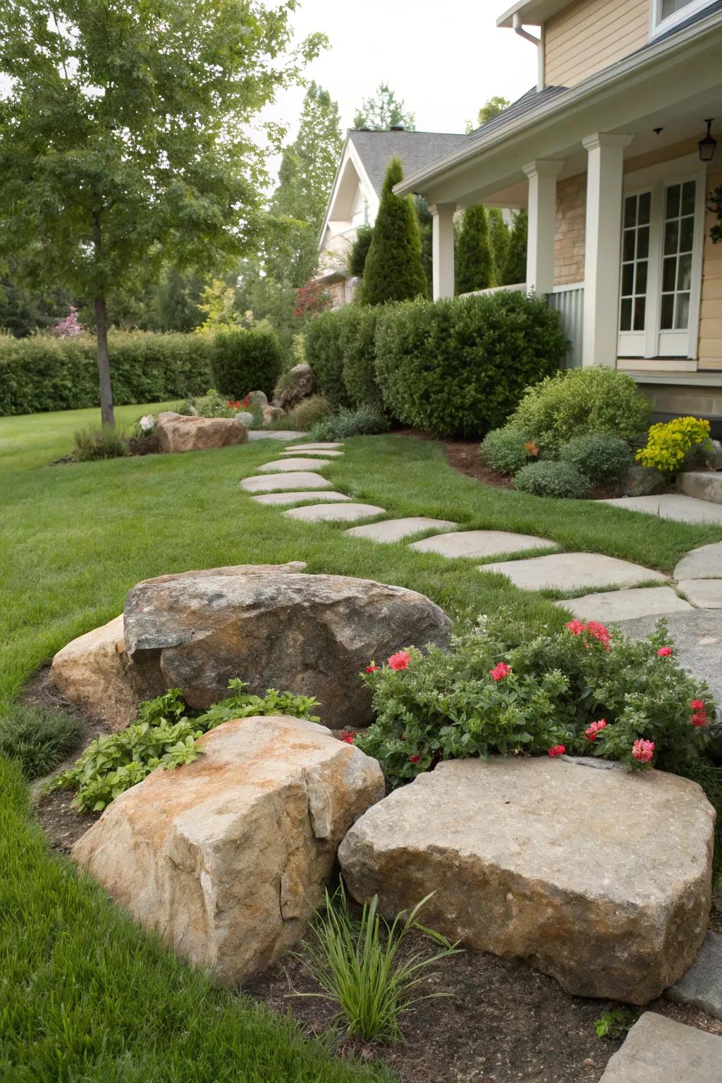 Fashion innate lounging areas through strategically positioned large stones.