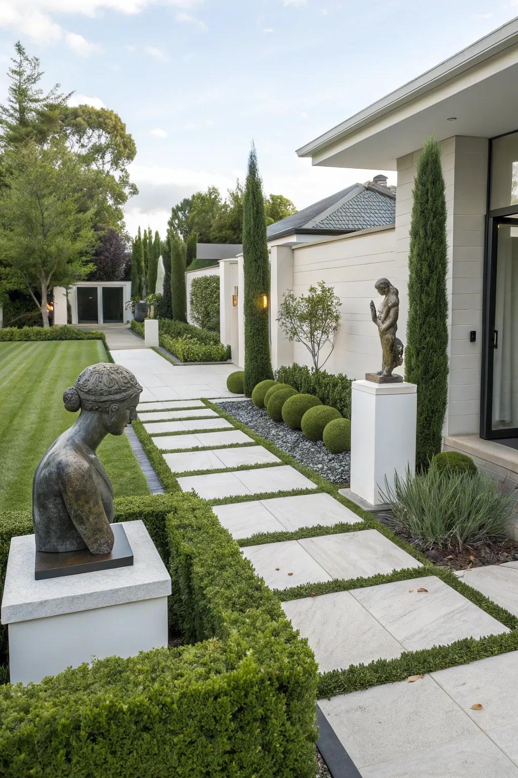 Artistic decorations act as focal points in modern landscapes.