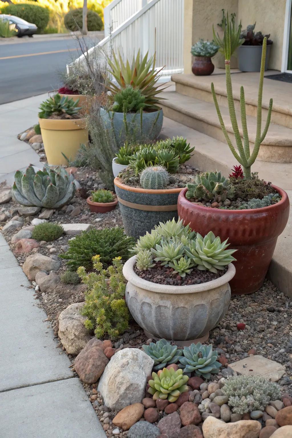 Vessel-grown succulents provide versatility and charm in water-wise gardens.