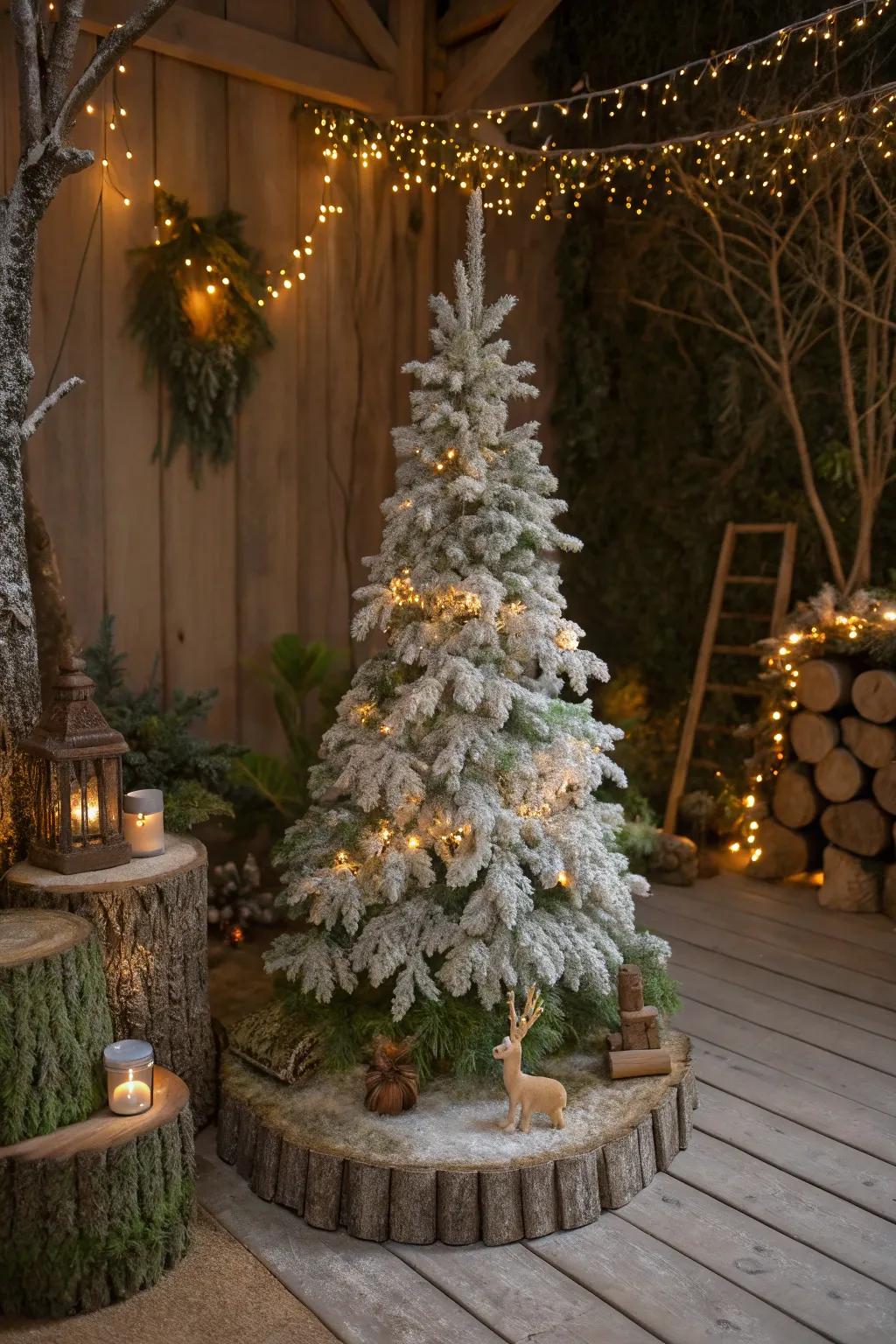Twinkle lights and forest creatures create an enchanting forest feel.