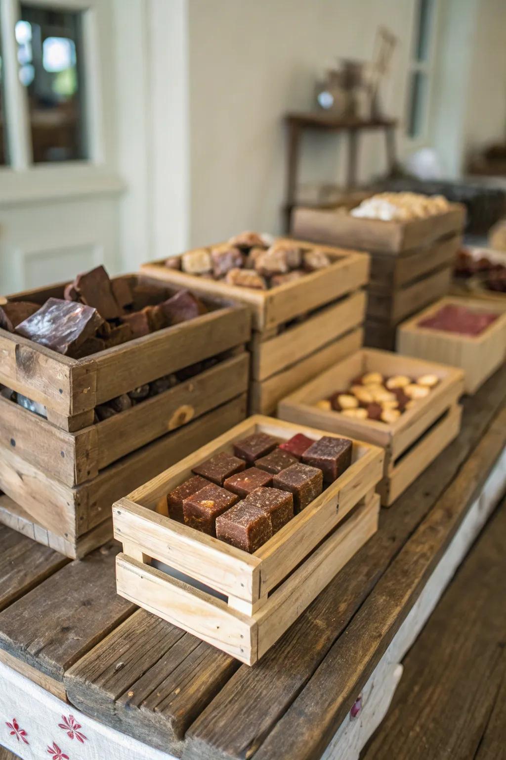 Rustic sweet squares display in miniature wood containers.