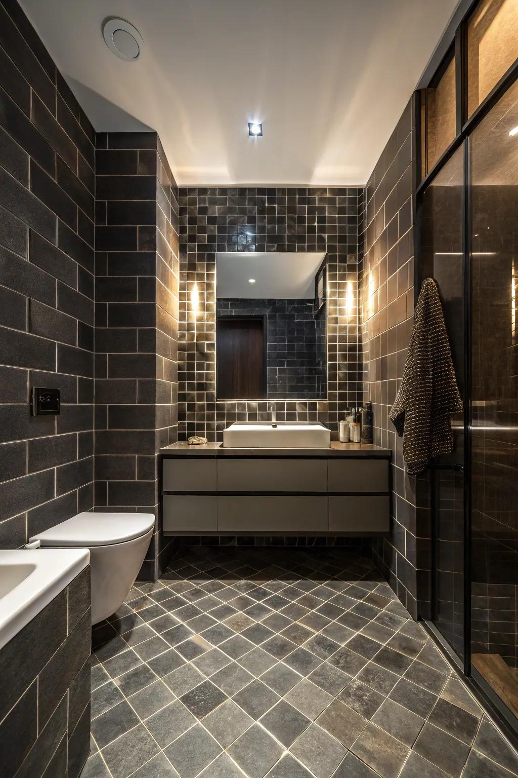 Top to bottom tiles design a dramatic and cohesive look.
