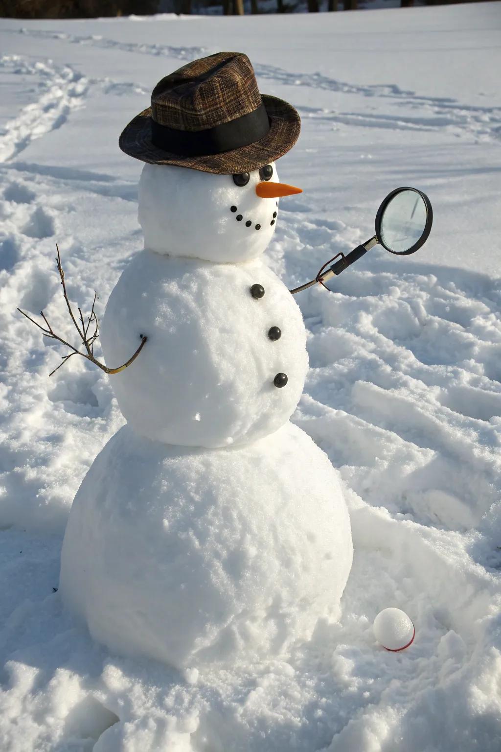 A snow figure detective solving snowy mysteries.