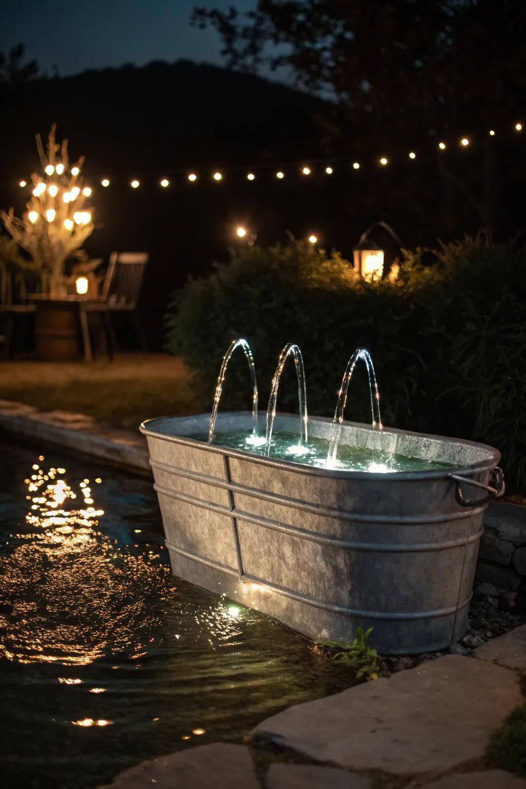 Underwater LED lights illuminate a basin fountain at night.