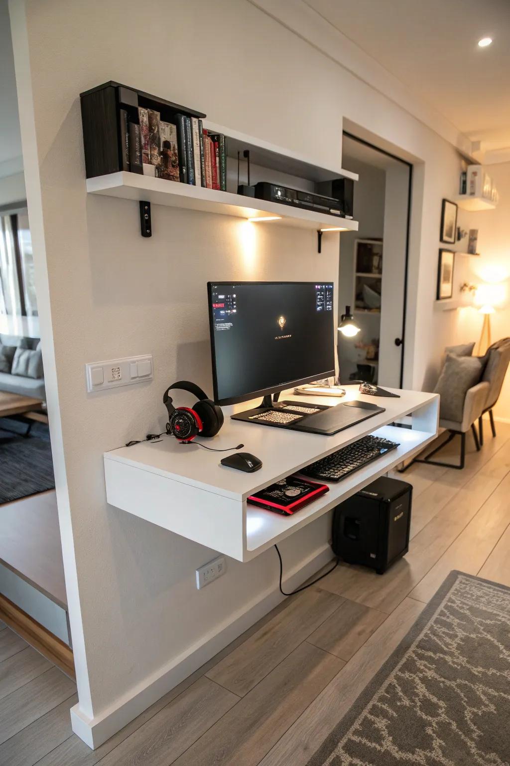 Floating desks offer a contemporary solution for optimizing space.