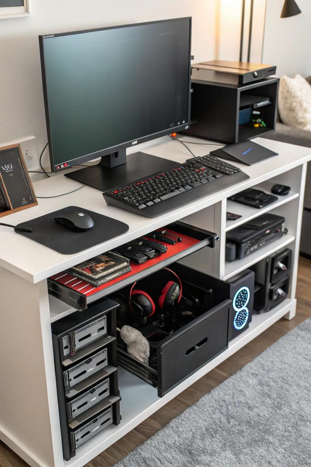 Creative storage solutions keep your gaming gear organized and accessible.