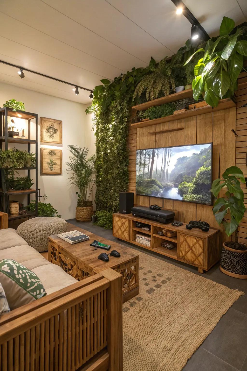 Natural elements lend warmth and equilibrium to your gaming arrangement.