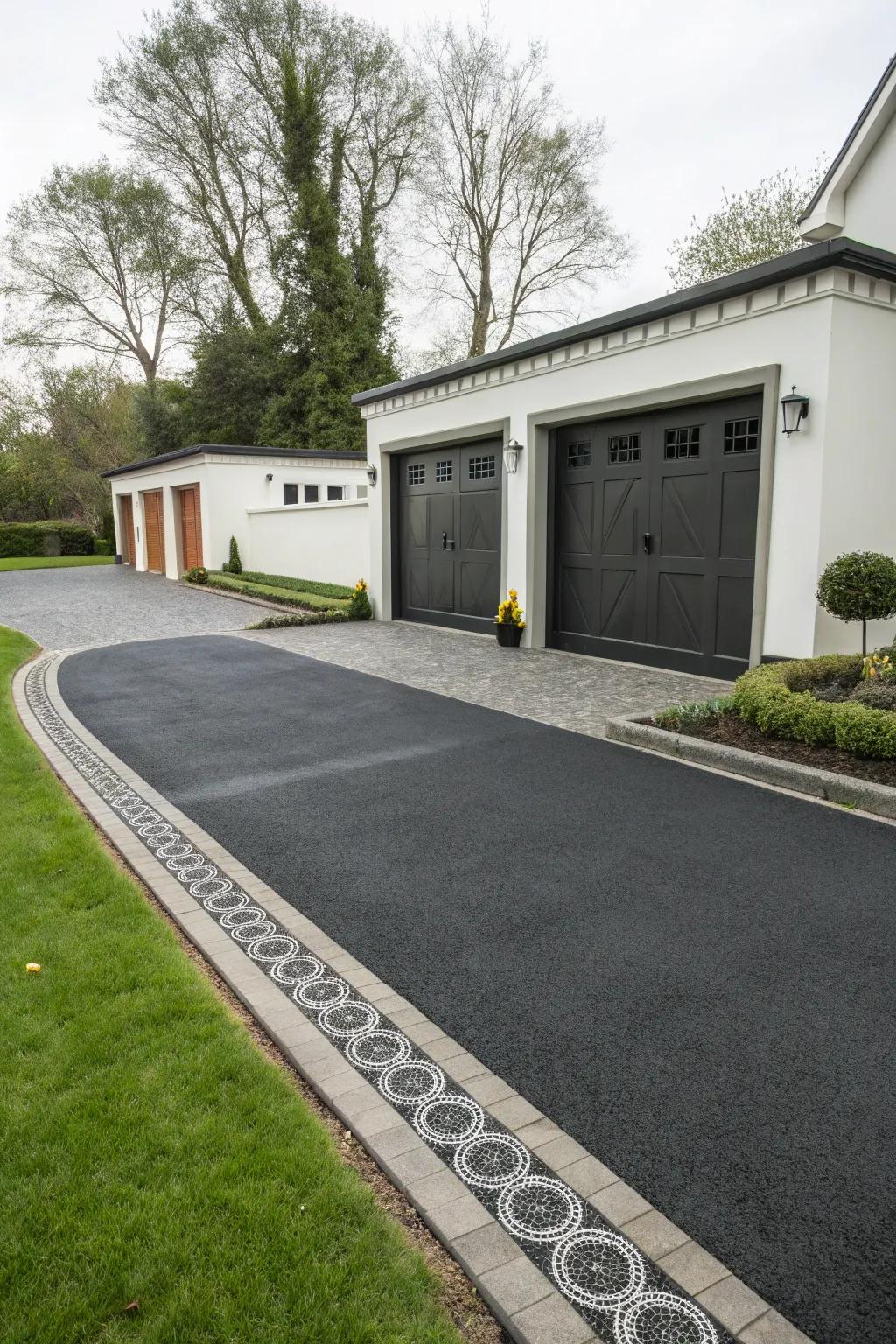 Asphalt driveways with fashionable borders for a polished appearance.