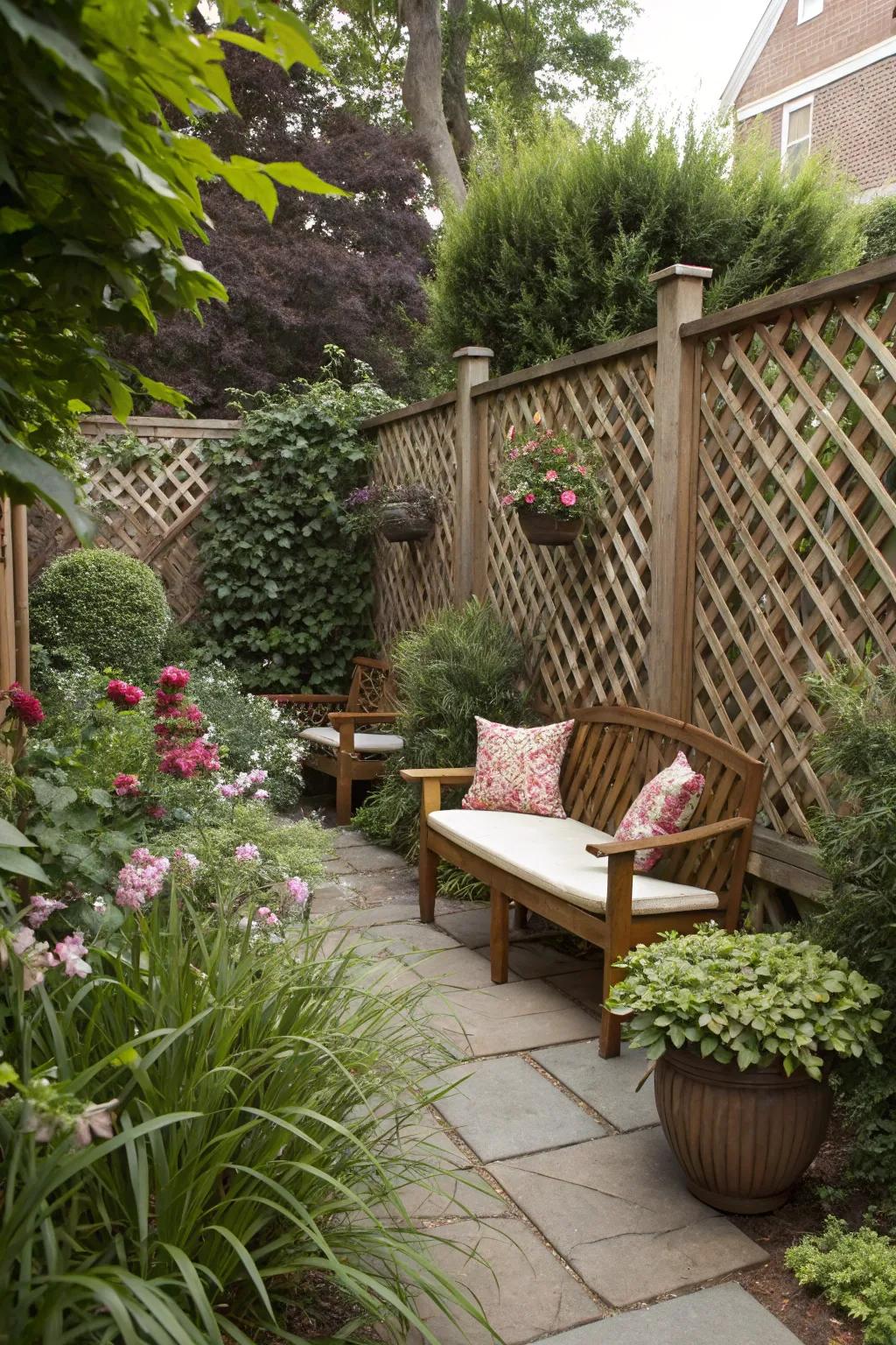 Heavy lattice panels create private and cozy garden spots.