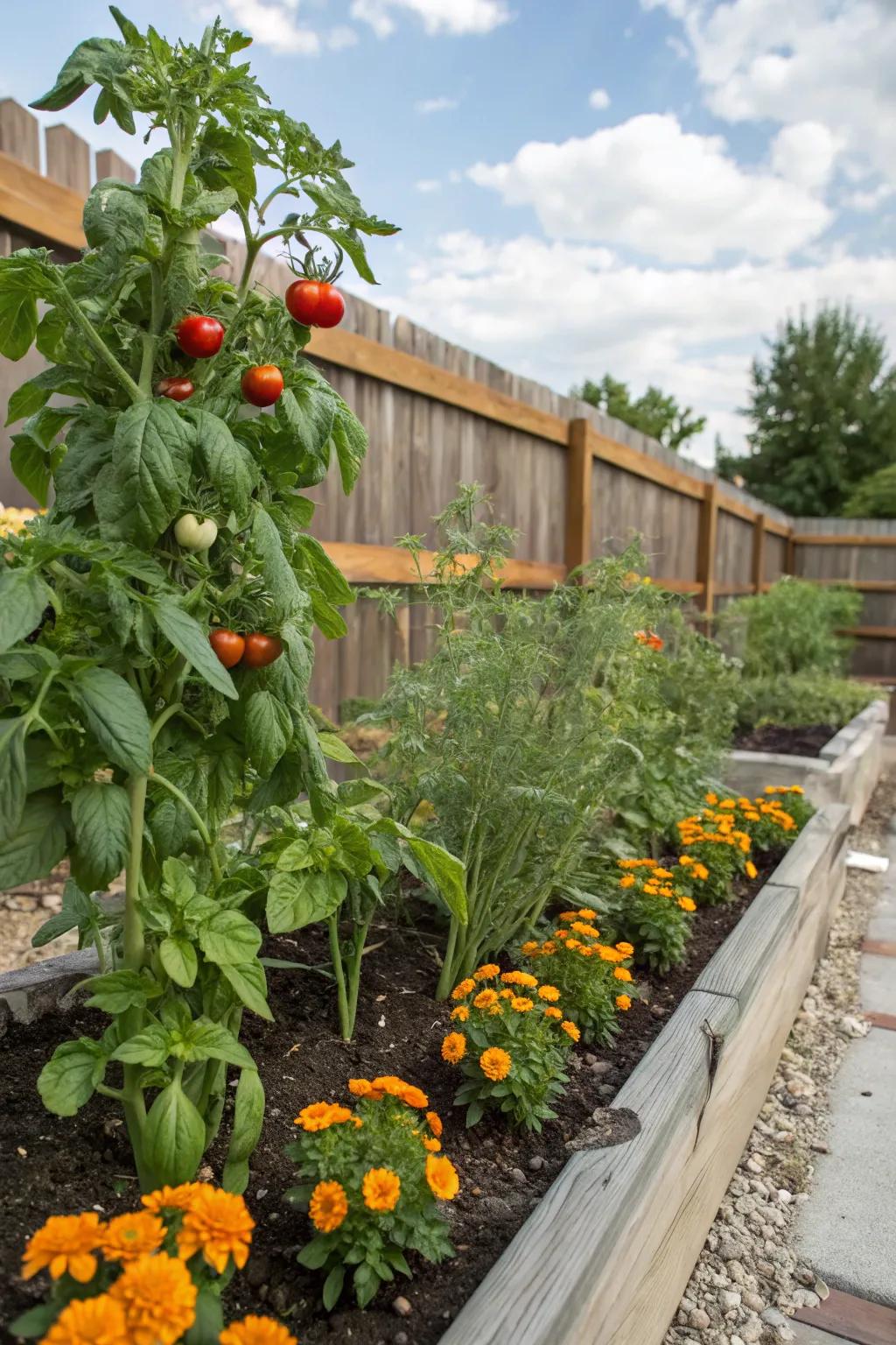 A companion planting garden featuring tomatoes, basil, and marigolds.