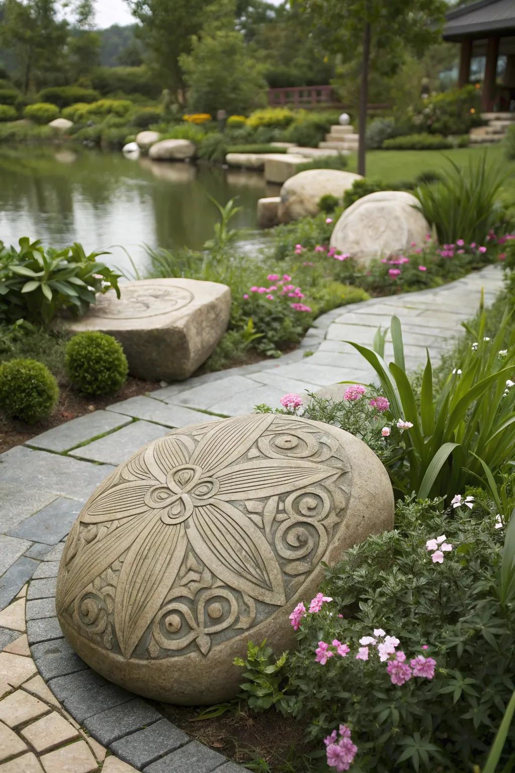 Bespoke stone carvings providing a unique personal touch to the garden.