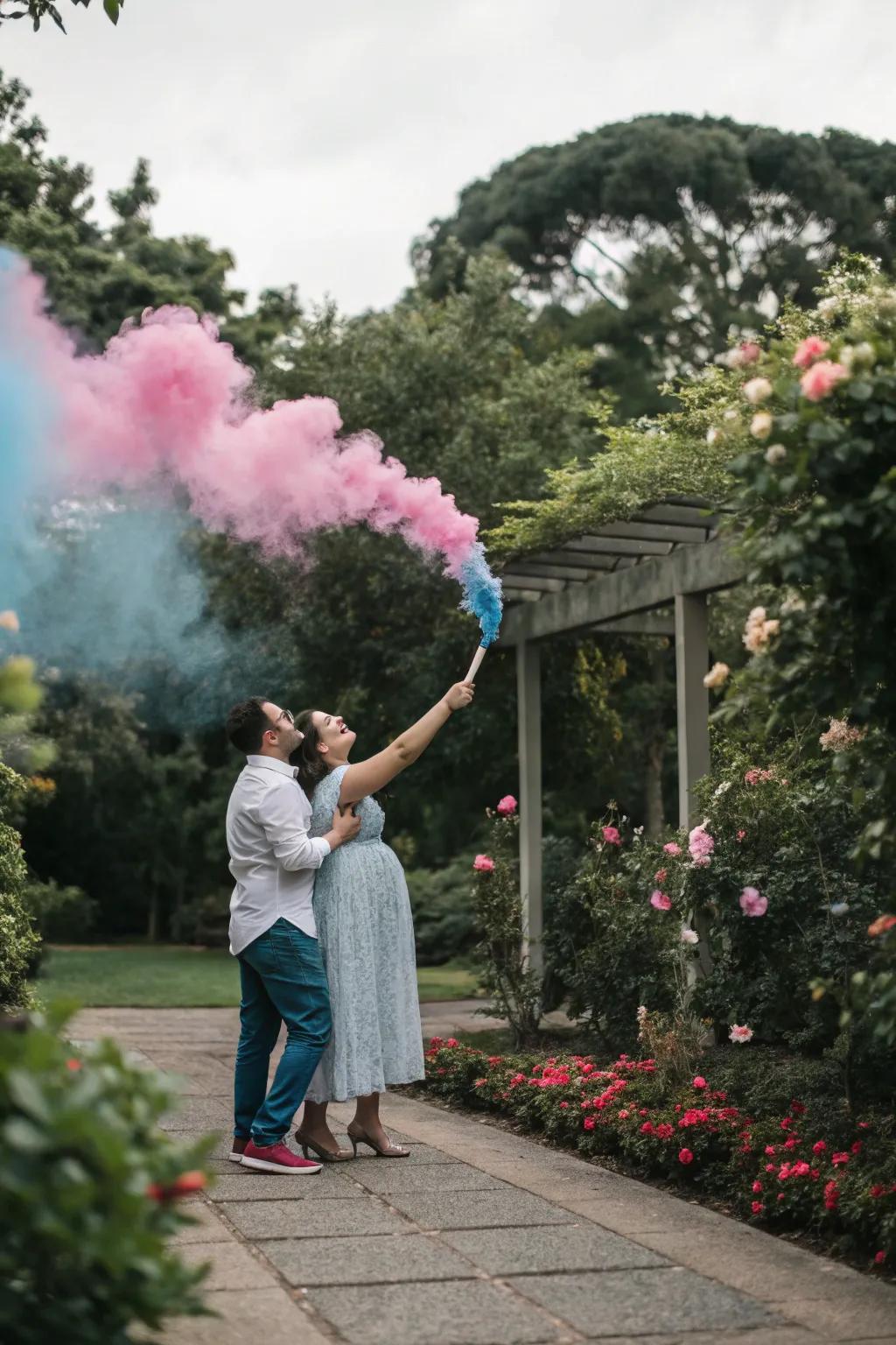 Capture a dramatic reveal with colorful smoke devices in an outdoor setting.