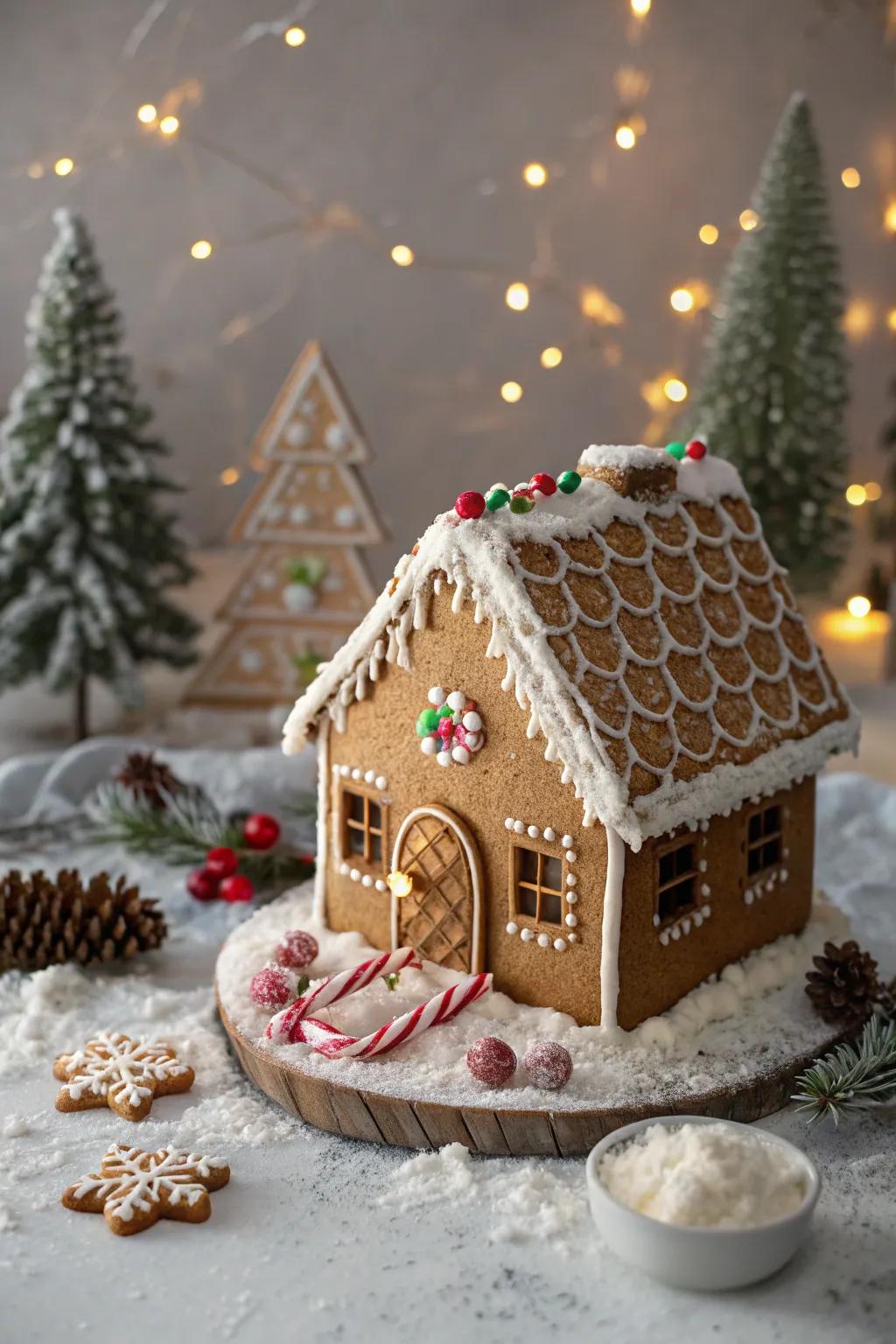 Biscuit particle roofs append a homespun and crunchy component to gingerbread houses.
