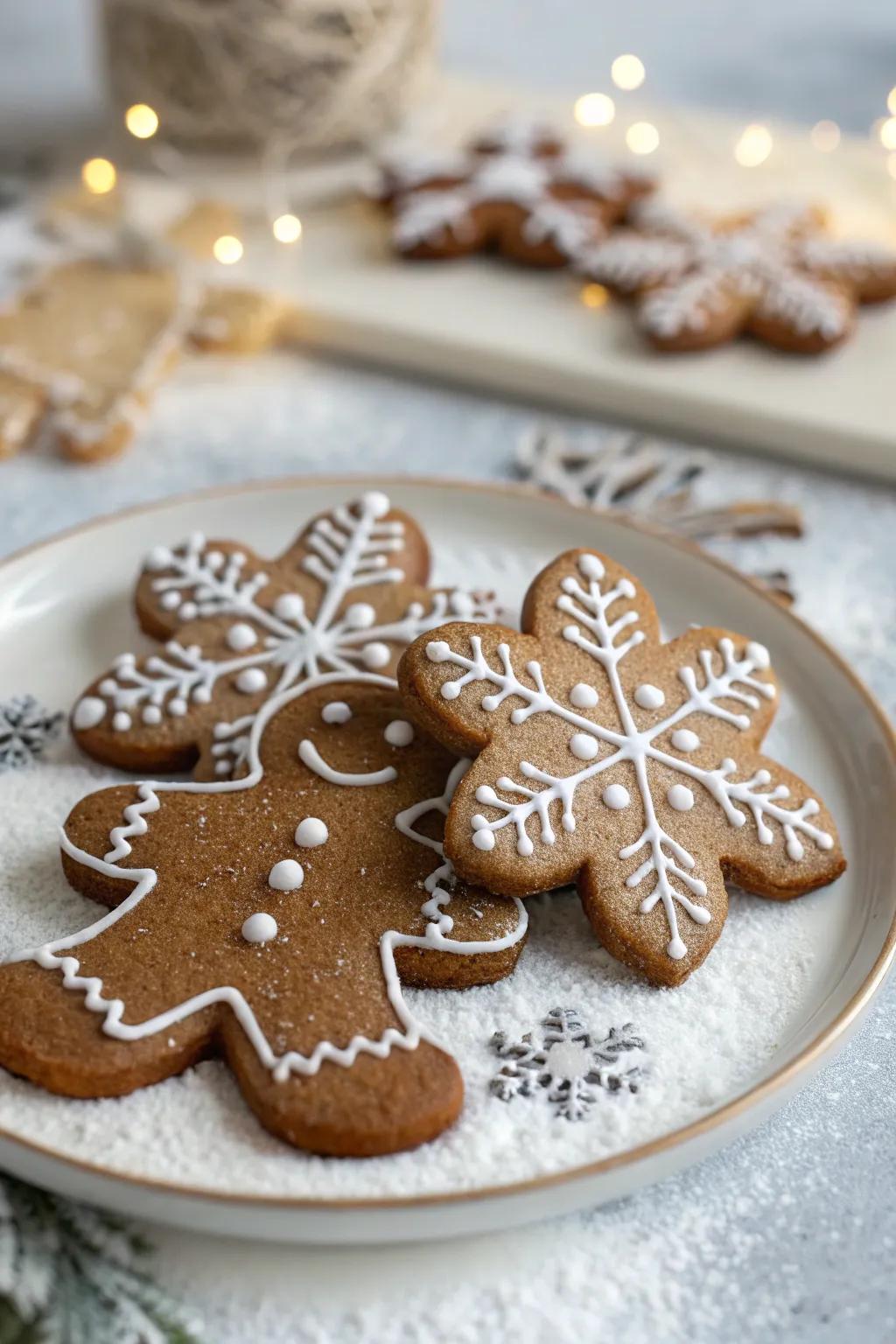 Snowflake-adorned gingerbread characters ideal for winter festivities.