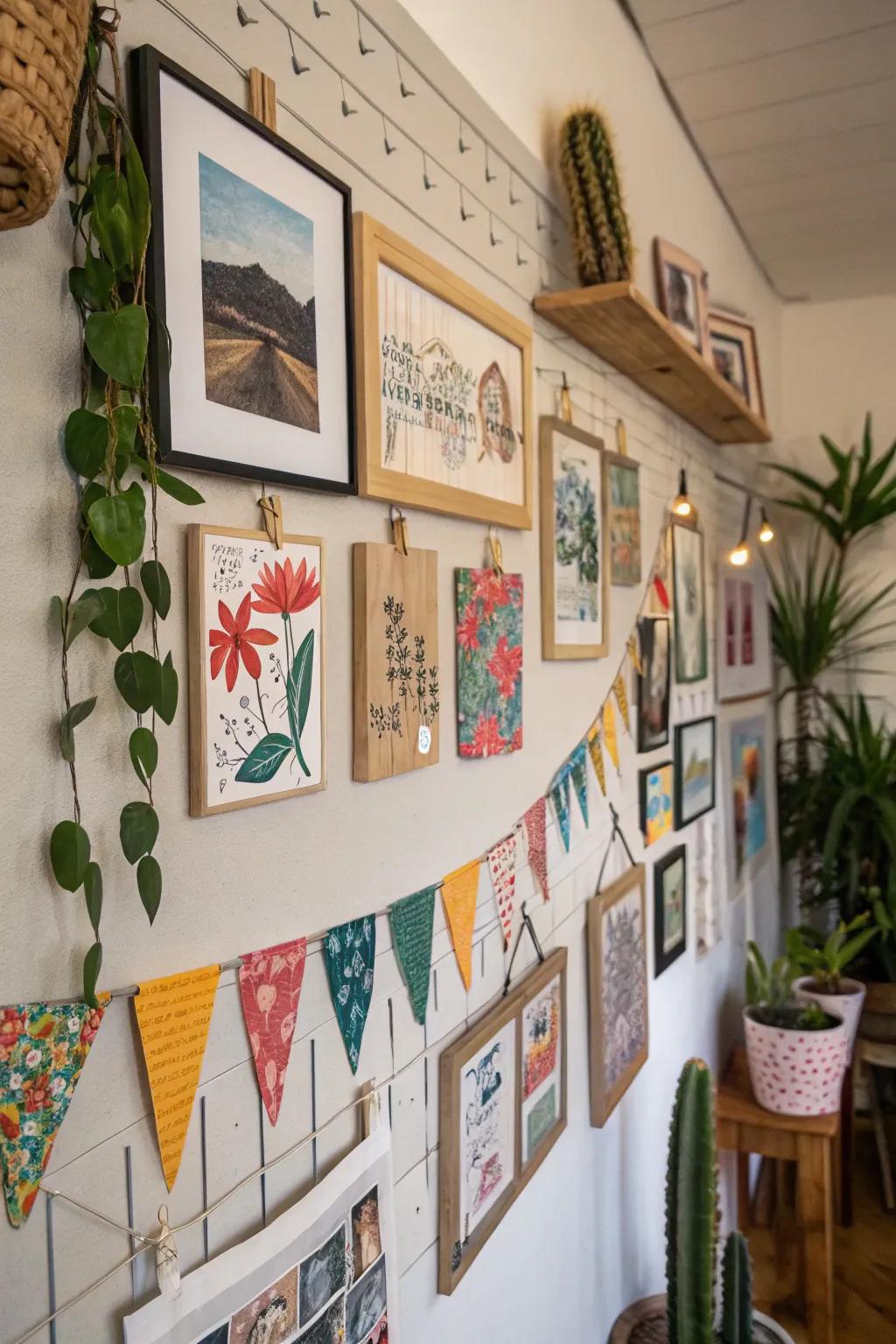 DIY art displays contribute a personal and creative touch.