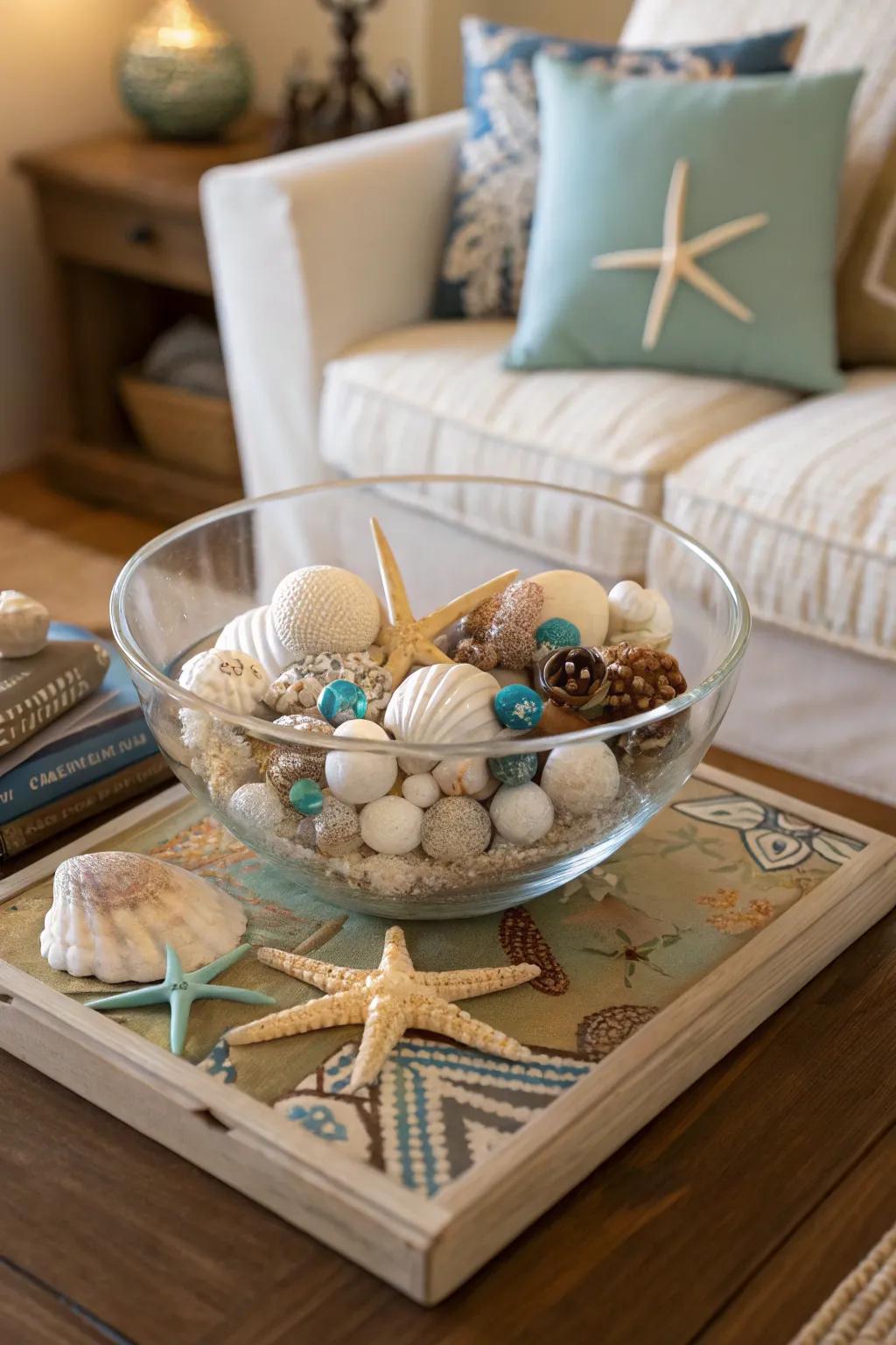 Waterside festivities resulting from shell fragments situated within a crystal vessel.