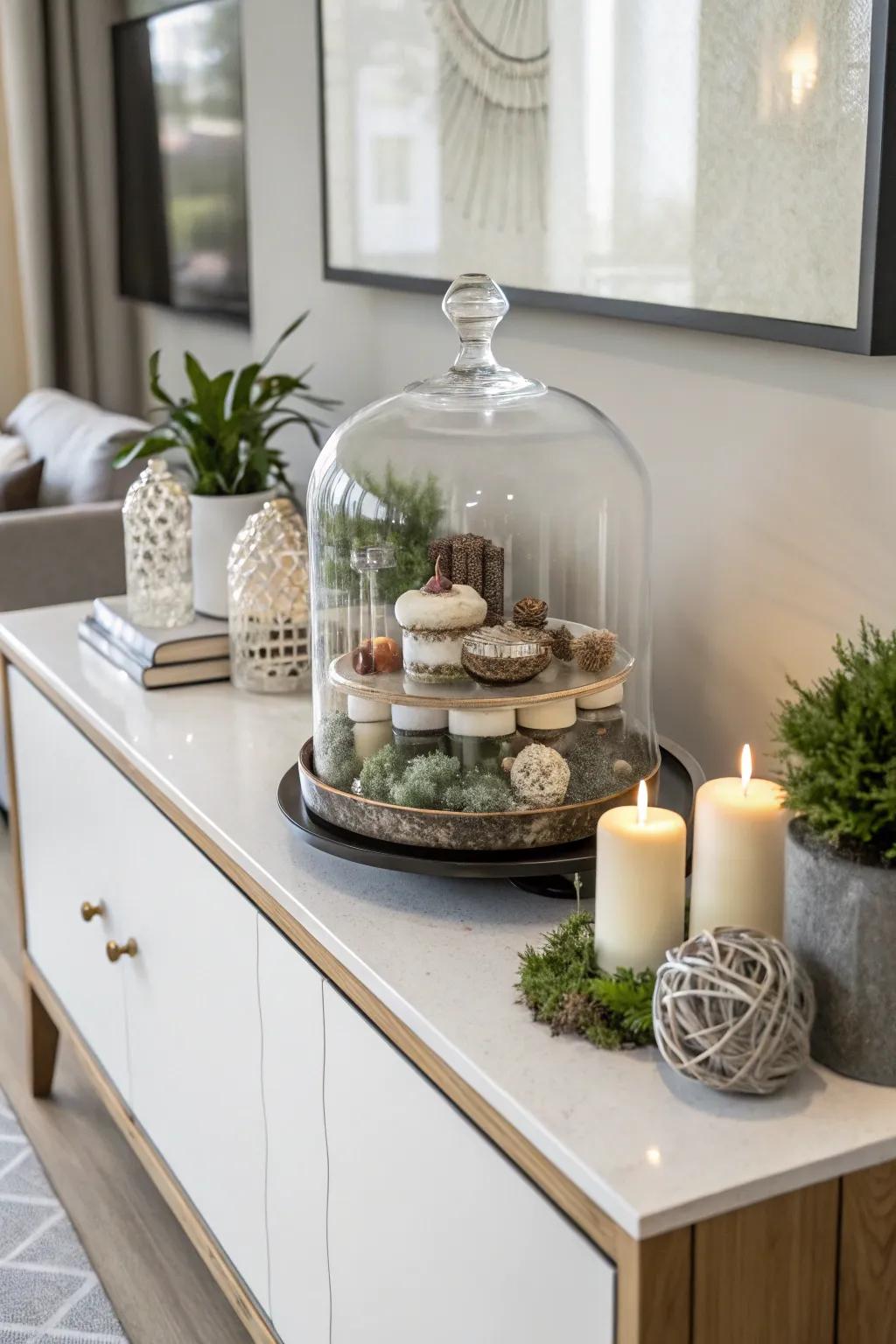 Layered items beneath a glass cloche enhance depth and intrigue.