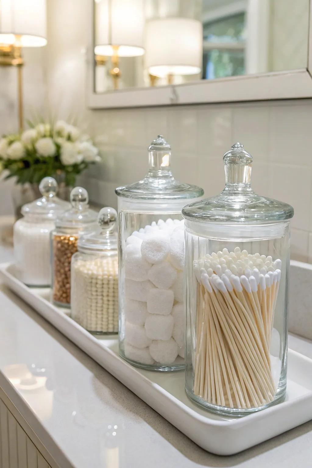 Jars neatly organize and elevate bathroom necessities.
