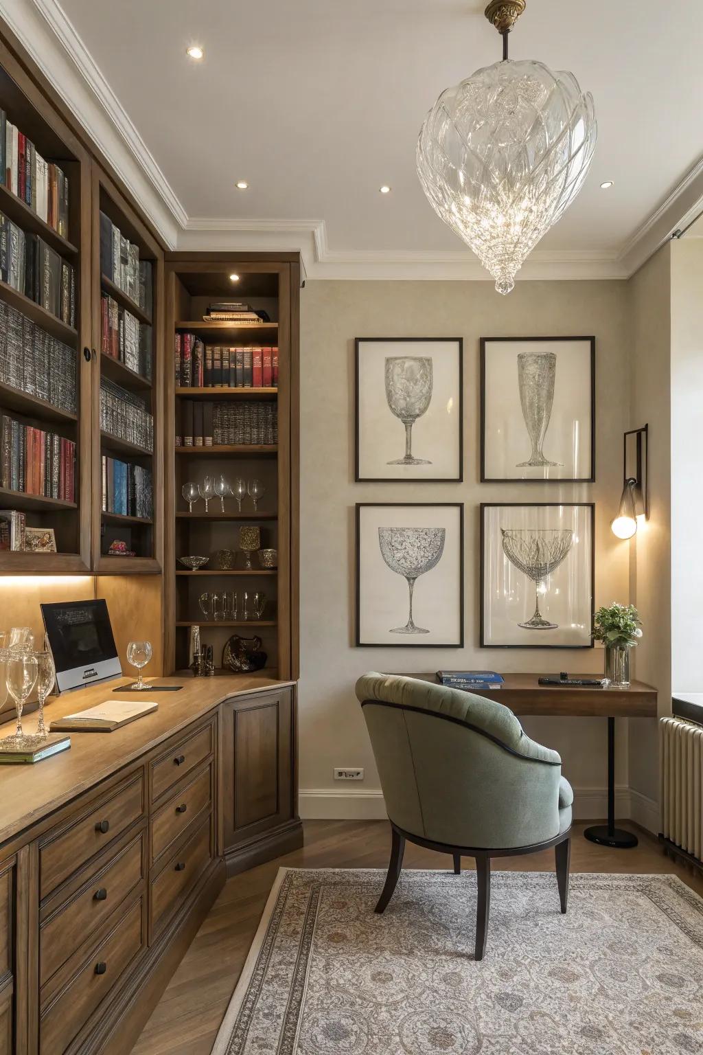 Glassware framed as art adding an artistic touch to the study.