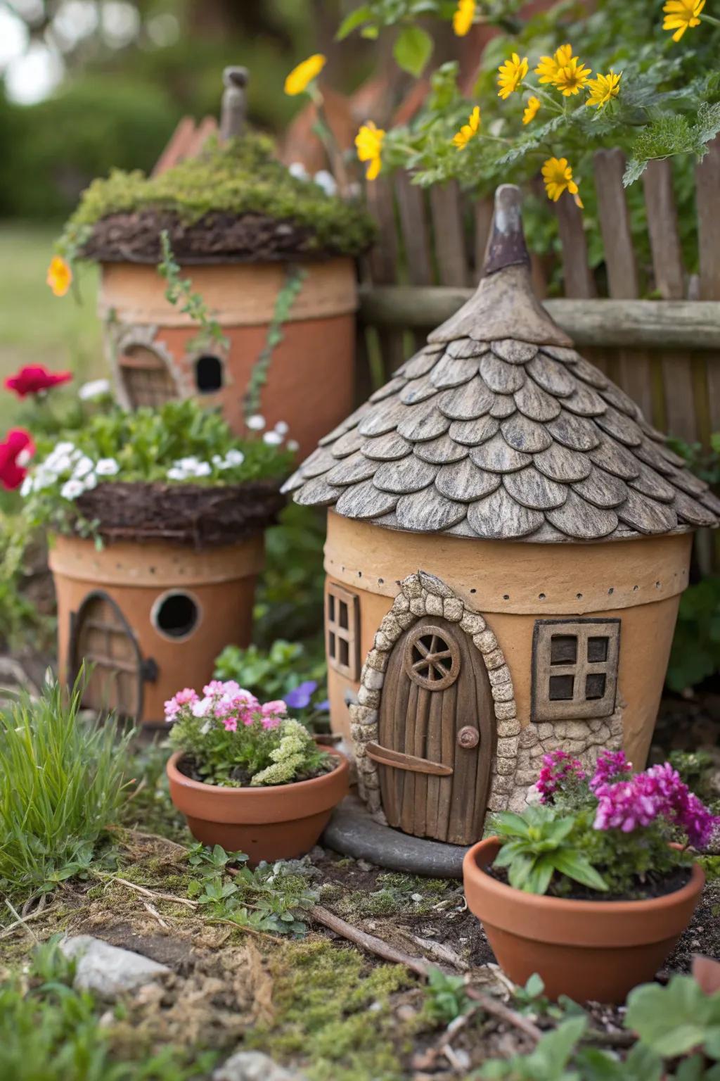 Enchanted plant holders turned into charming gnome dwellings.