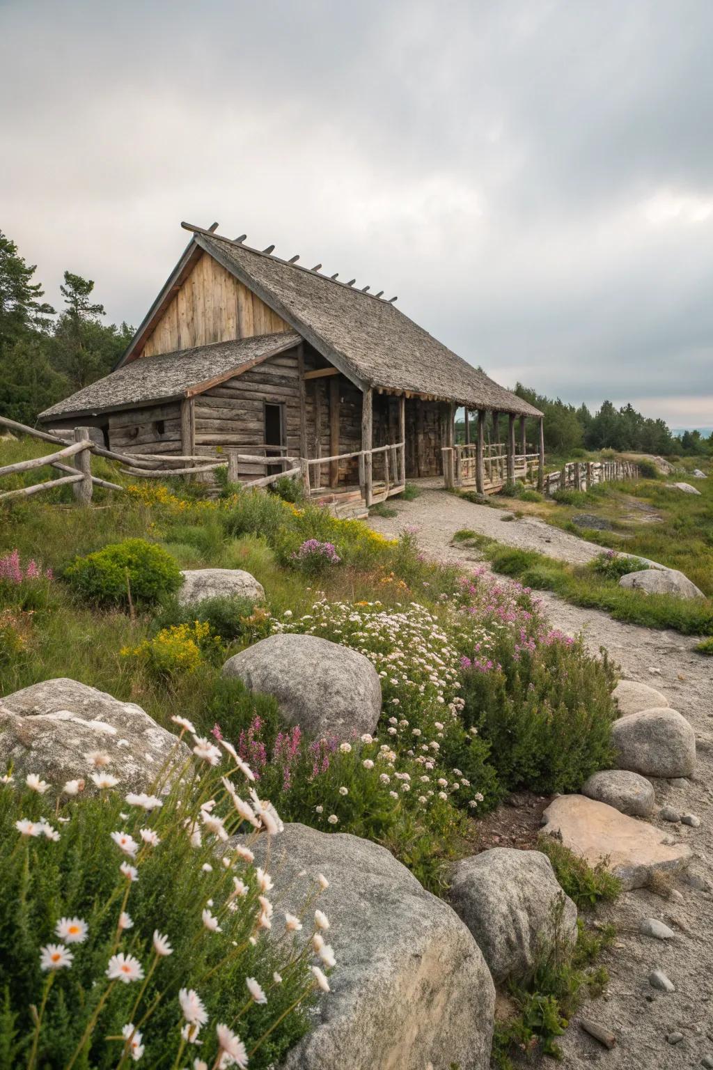 Thoughtful gardening enhances this goat barn's appeal.