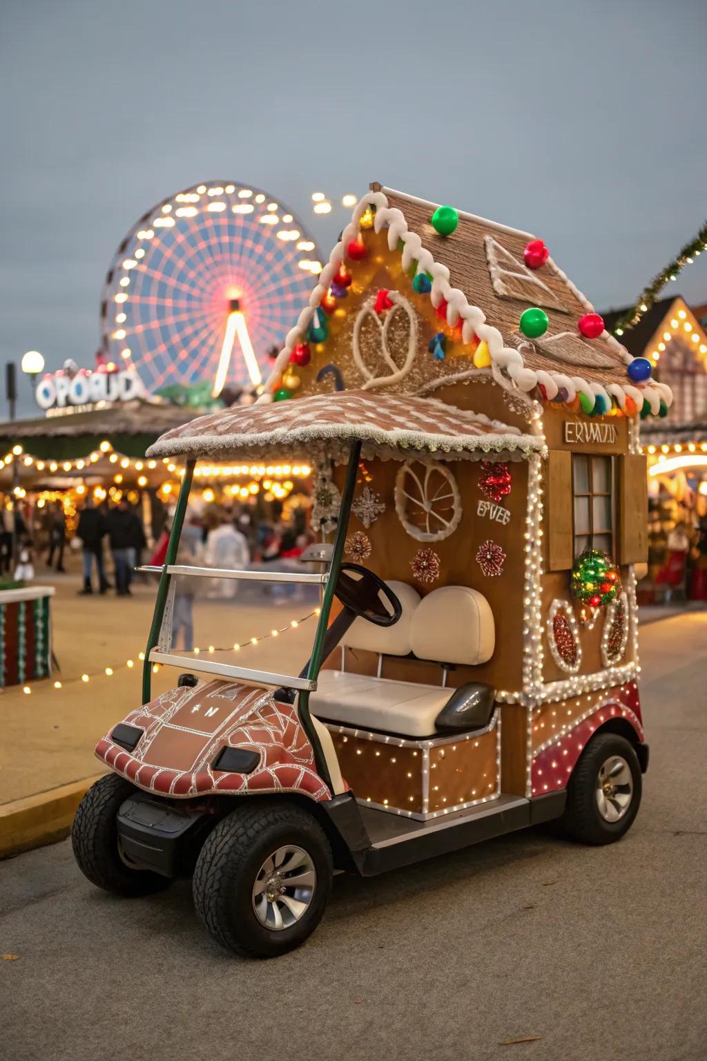 A whimsical gingerbread house on wheels.