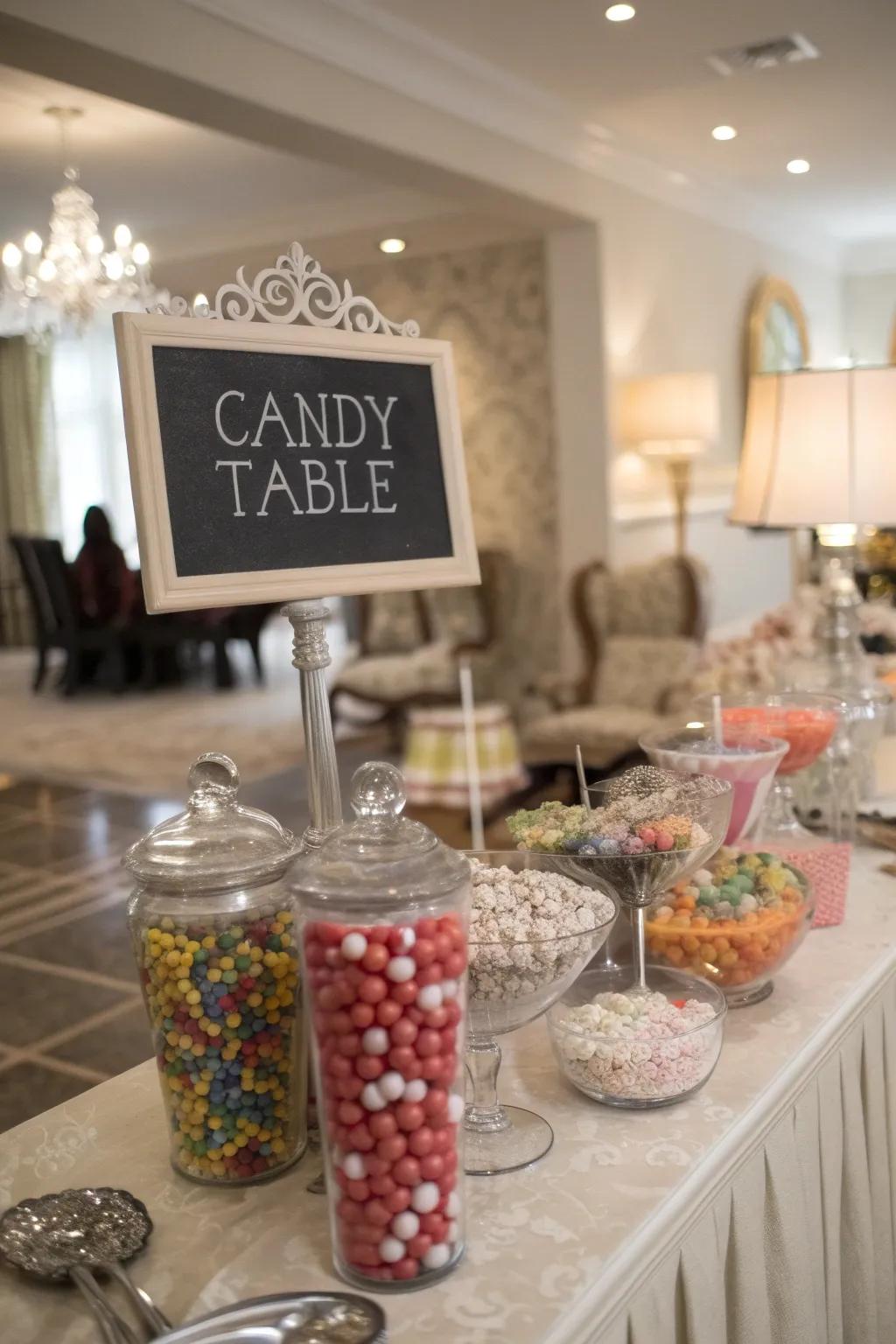 Vintage-style blackboard labels add a charming touch to your candy table.