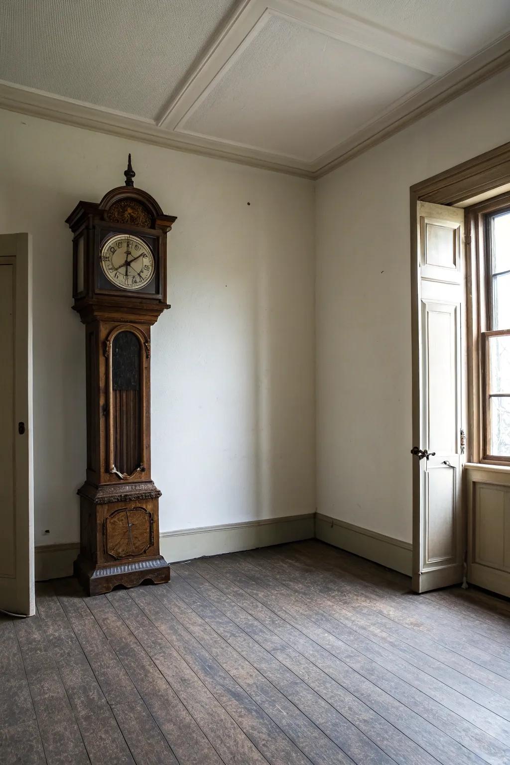 A pendulum timepiece stands out in a minimalist area.