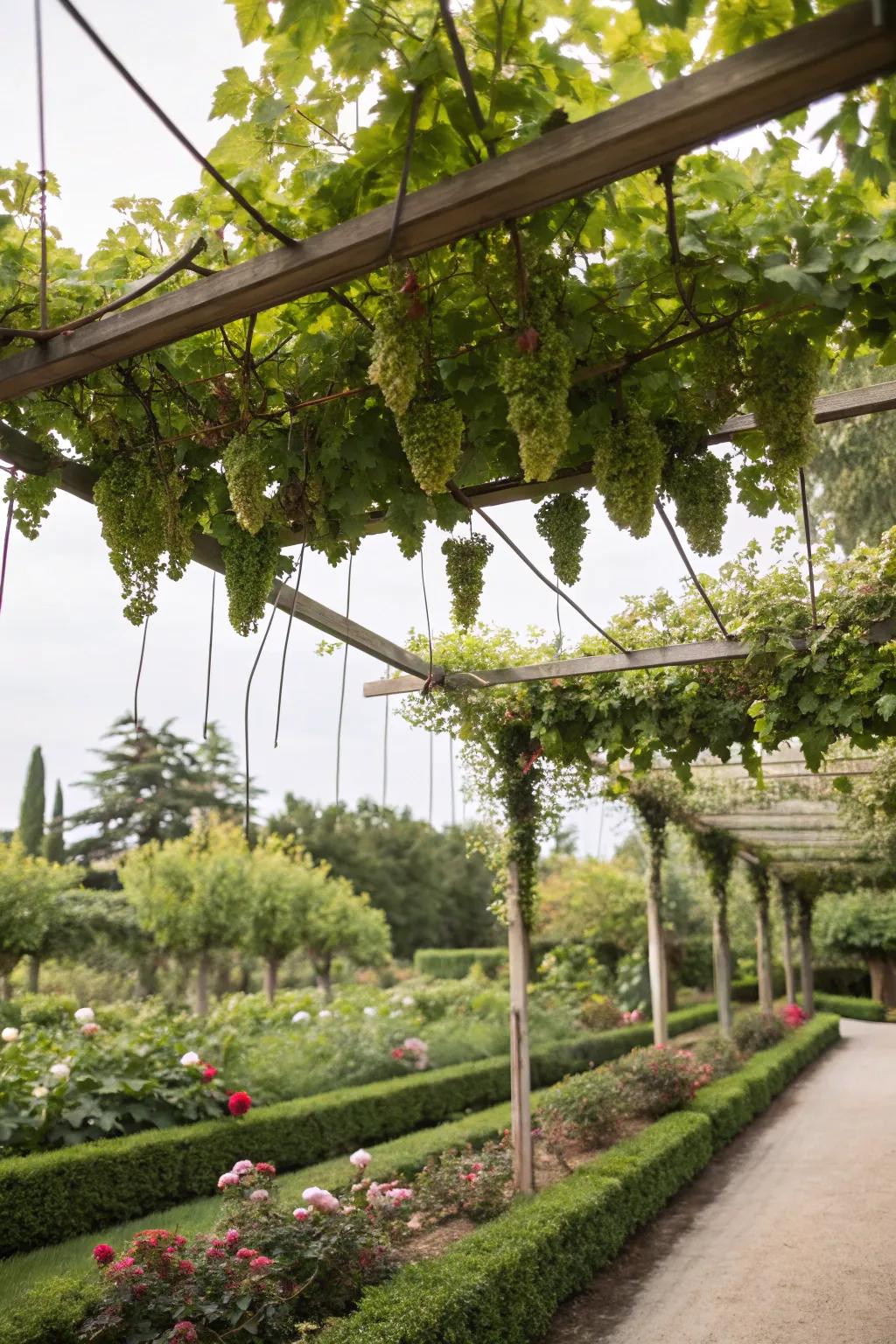 Hanging trellises make a dramatic and whimsical garden feature.