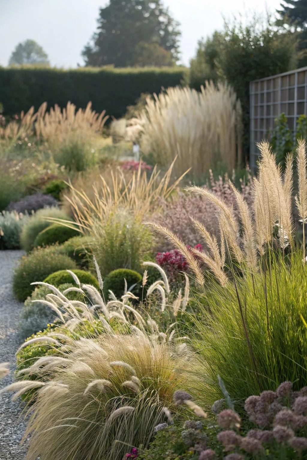 Decorative grasses bring texture and elegance to the garden.