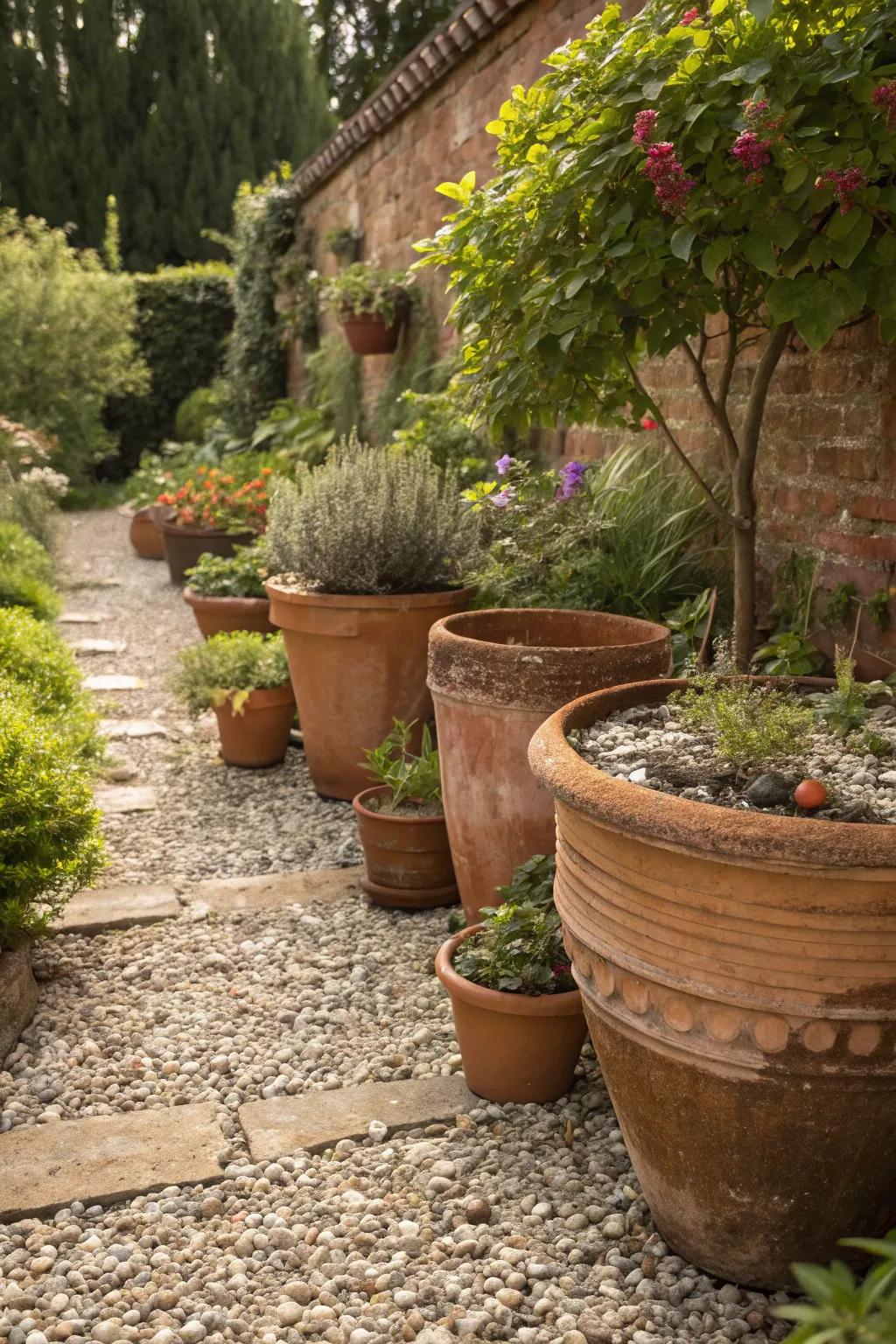 The gravel garden is given a rustic charm by terracotta pots.