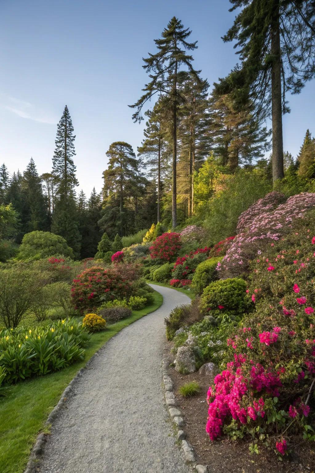 A whimsical stone chip trail winding through a garden