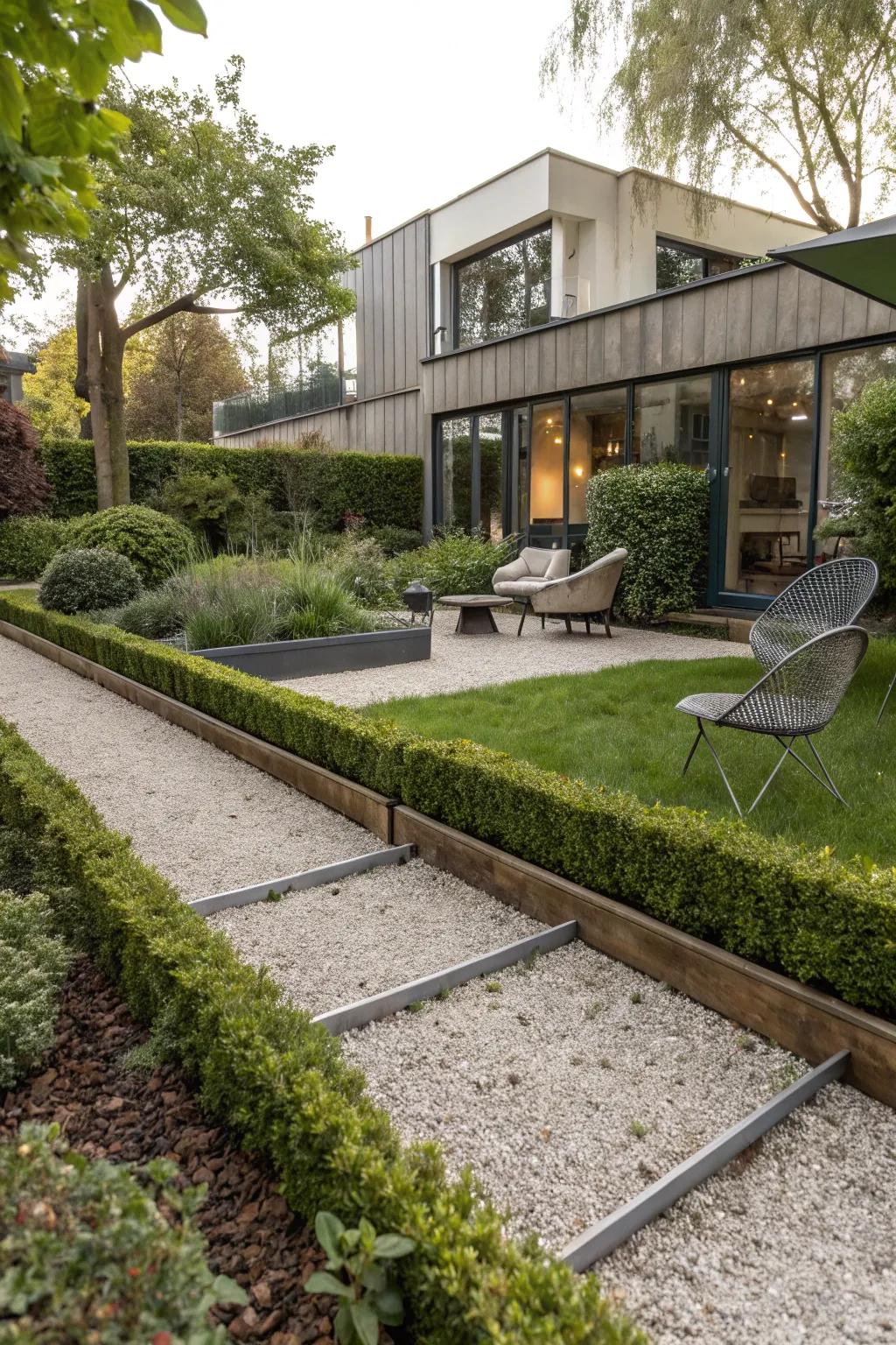 Modern garden design using pebbles and sharp metal edging.
