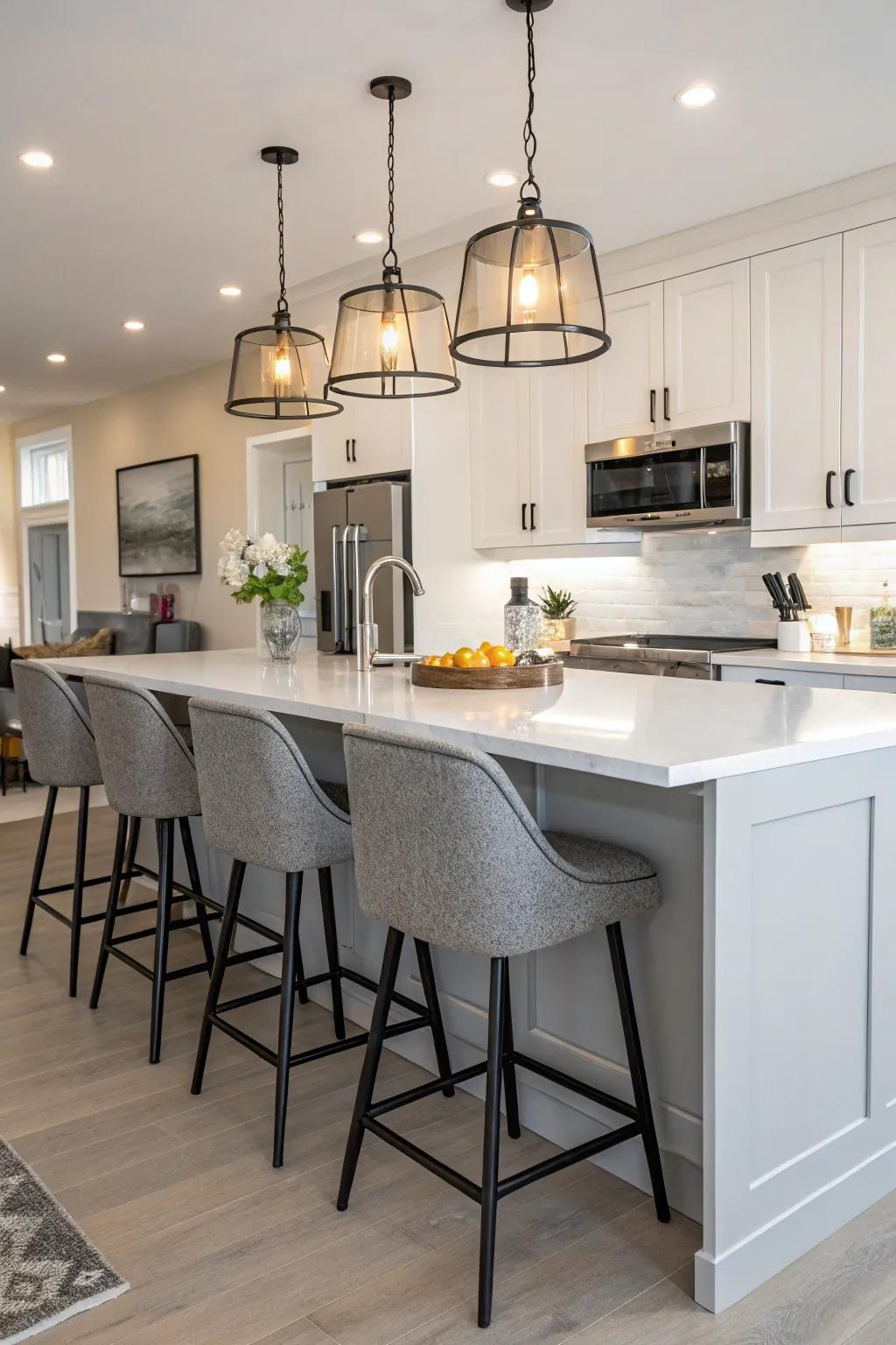 Modern bar stools complete the kitchen’s style.