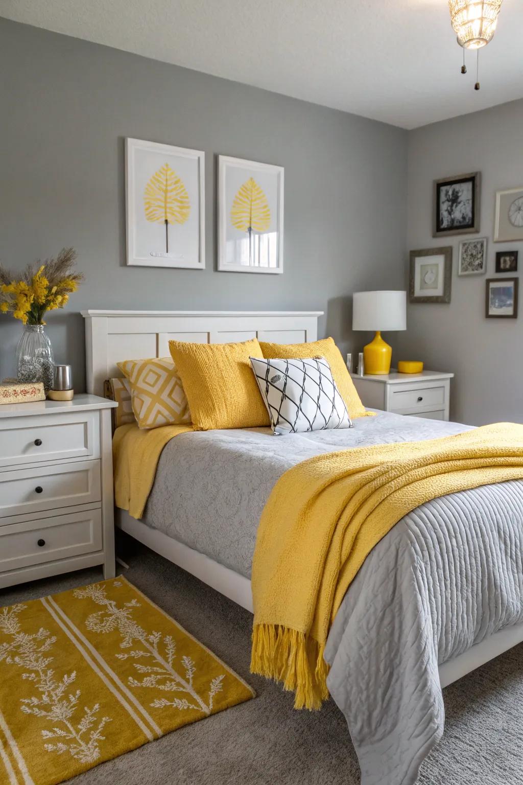 A vibrant gray bedroom featuring sunny yellow effects.