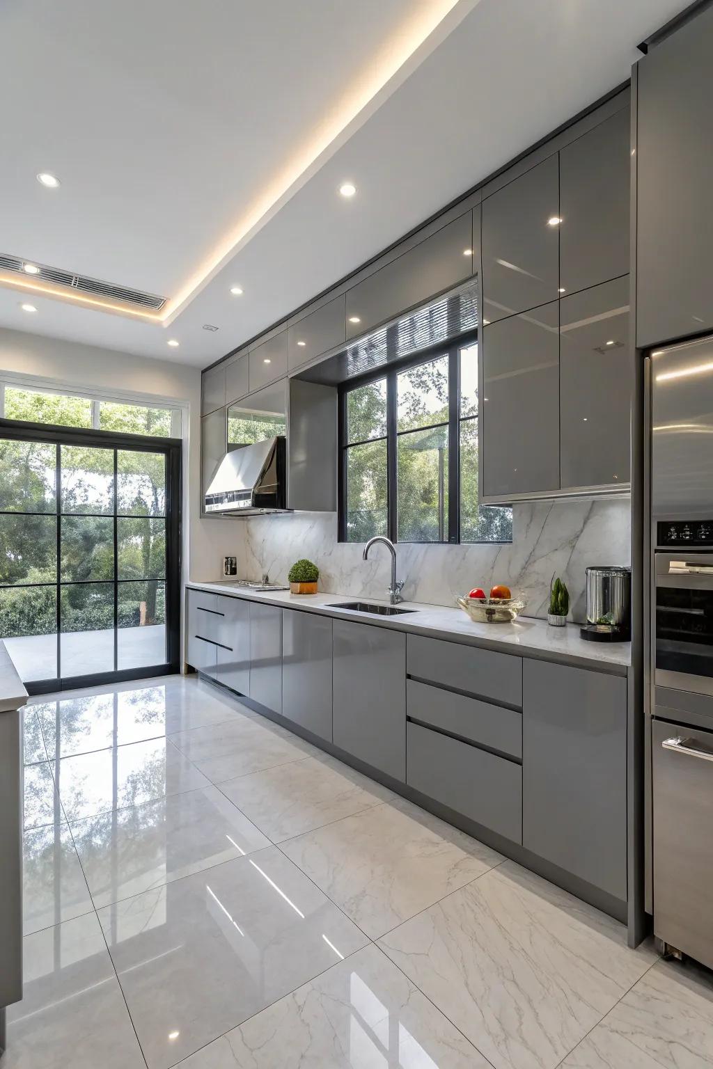 Sheeny finish gray units impart a polished, modern impression.