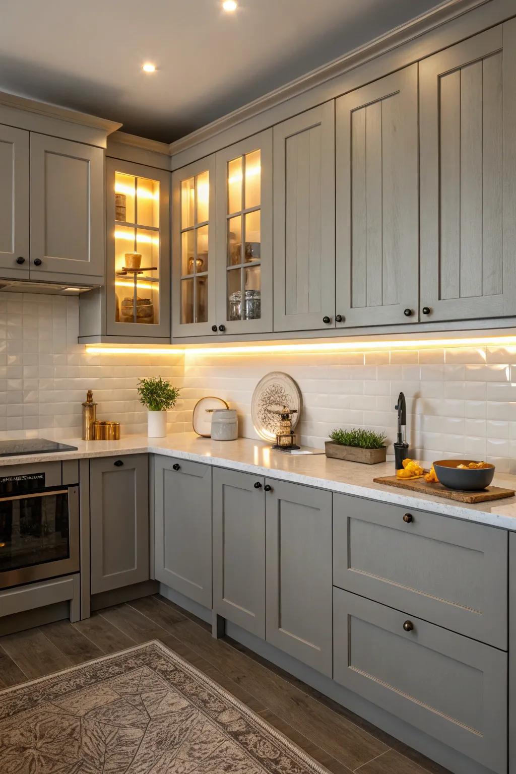 Earthy gray cabinets radiate understated elegance in this kitchen.