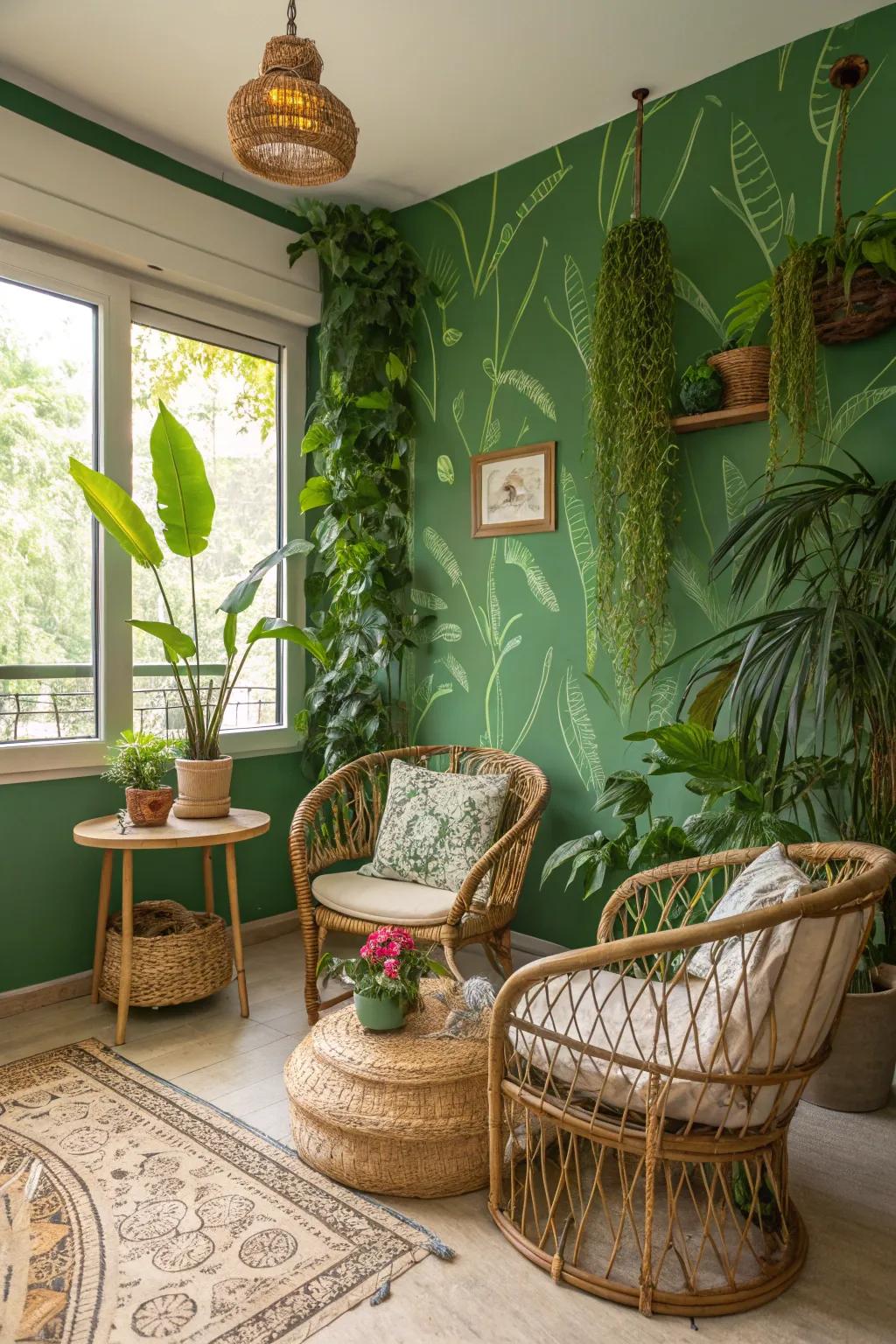Forest green walls create a tropical escape indoors.