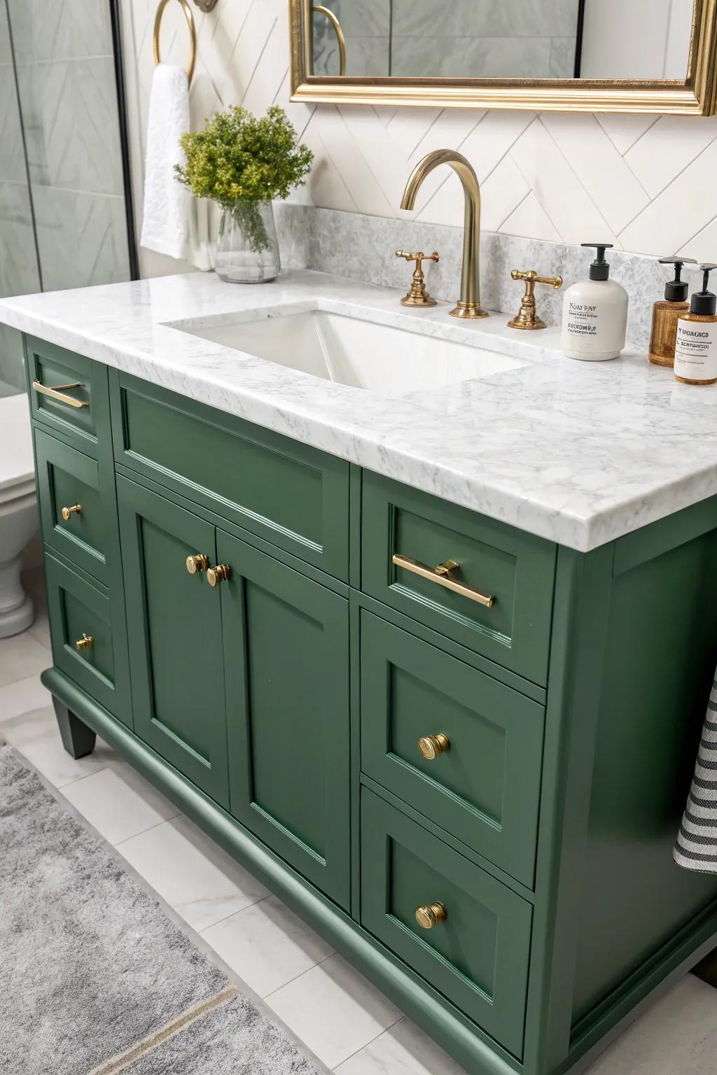 Green vanity with a contrasting white marble countertop.