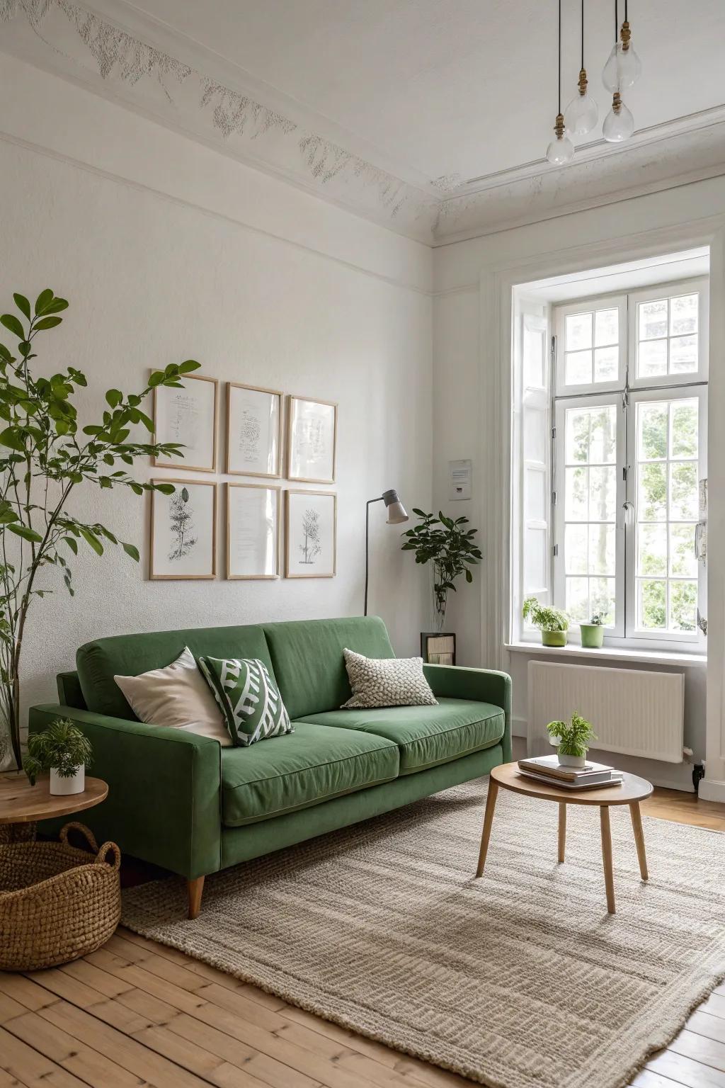 Nordic clarity enhances the tranquility of a living space with a green sofa.