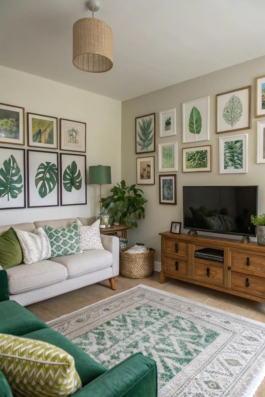 A green-themed gallery wall brings a personalized touch to this area.