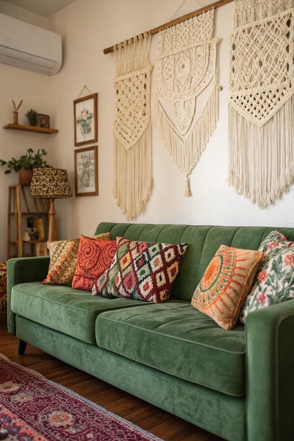 A bohemian living space featuring a green velvet sofa and diverse décor.