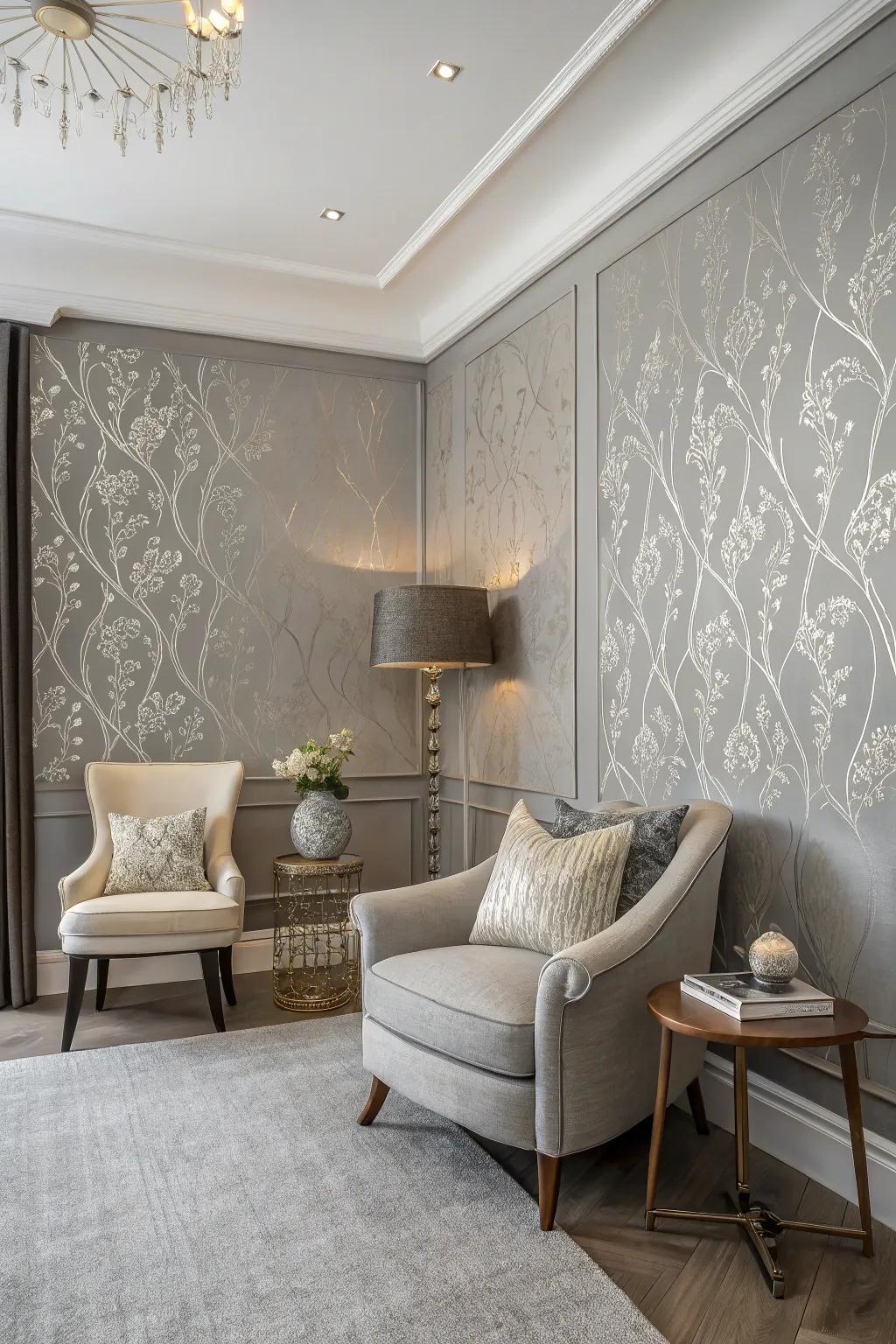 A grey wallpaper accent wall with refined designs.