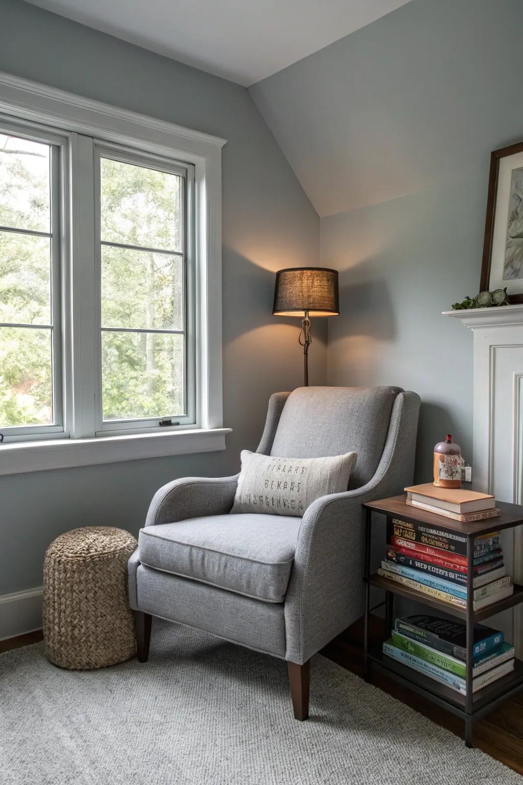 A grey reading space offers a personal retreat.