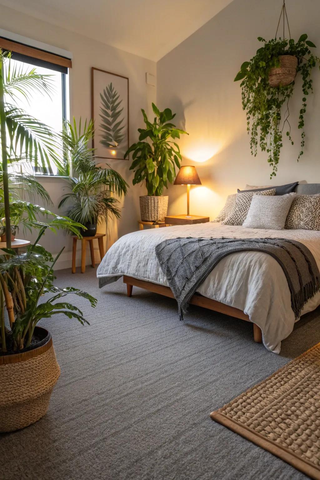 Greenery adds a refreshing touch to the bedroom with a grey carpet.