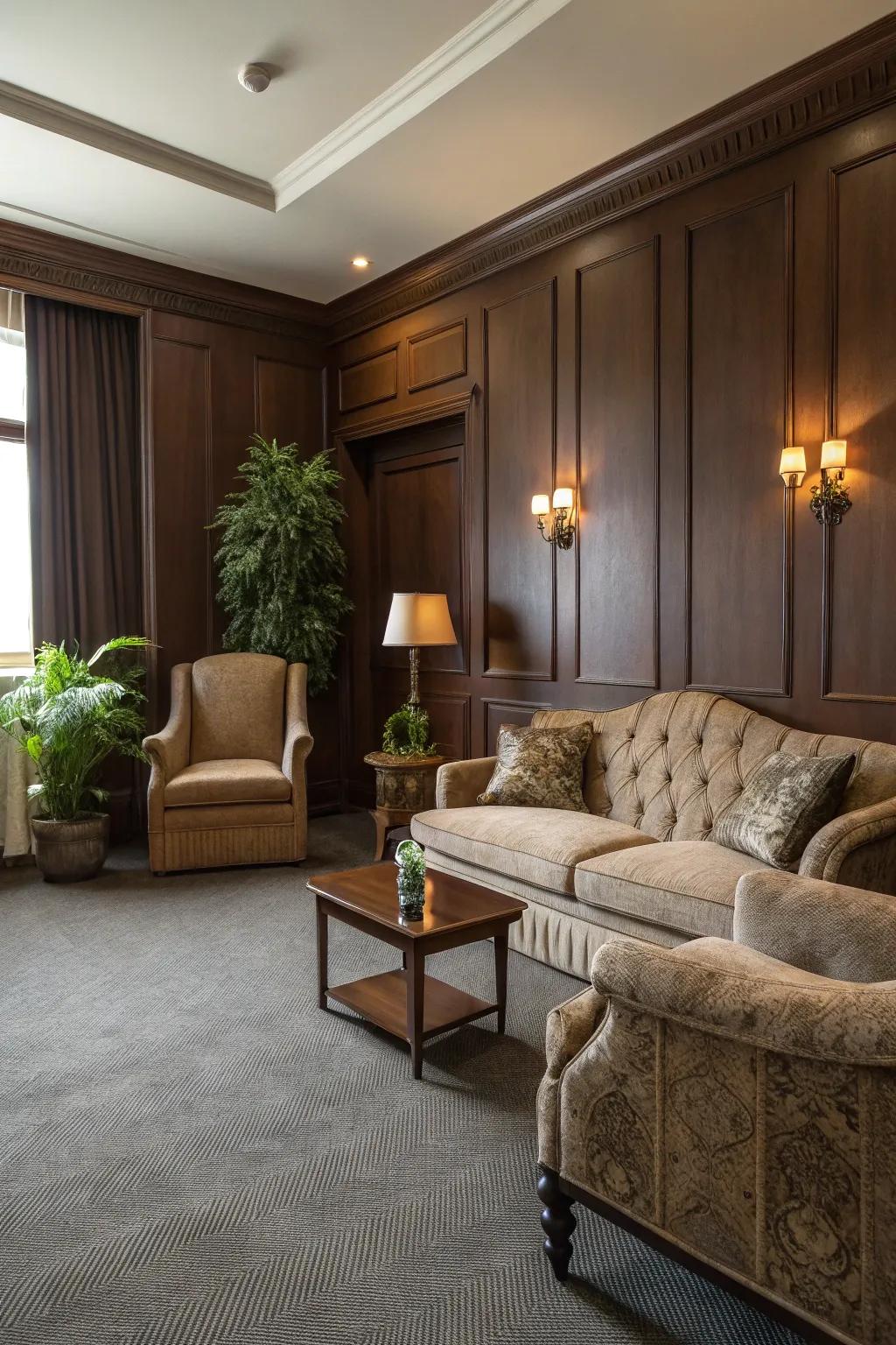Brown walls add warmth and richness to spaces with grey carpet.