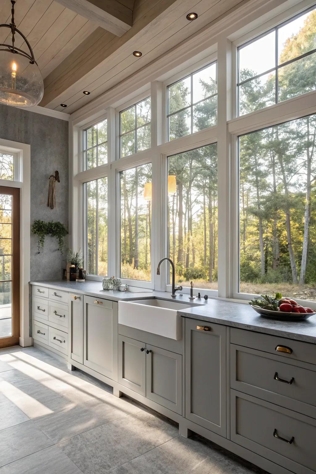 Sunlight enhances the welcoming feel of a grey kitchen.