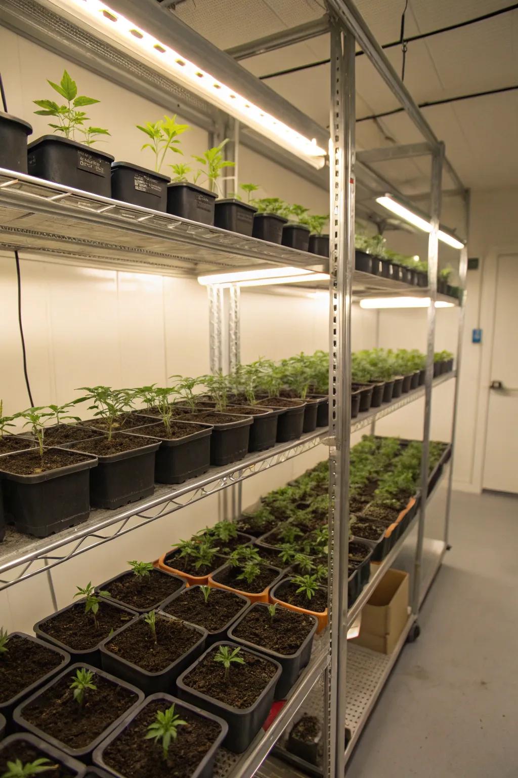 Small containers allow efficient space utilization in urban grow rooms.